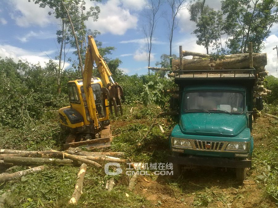 海南琼中YC35-8挖机用户的机器在抓木装车作业